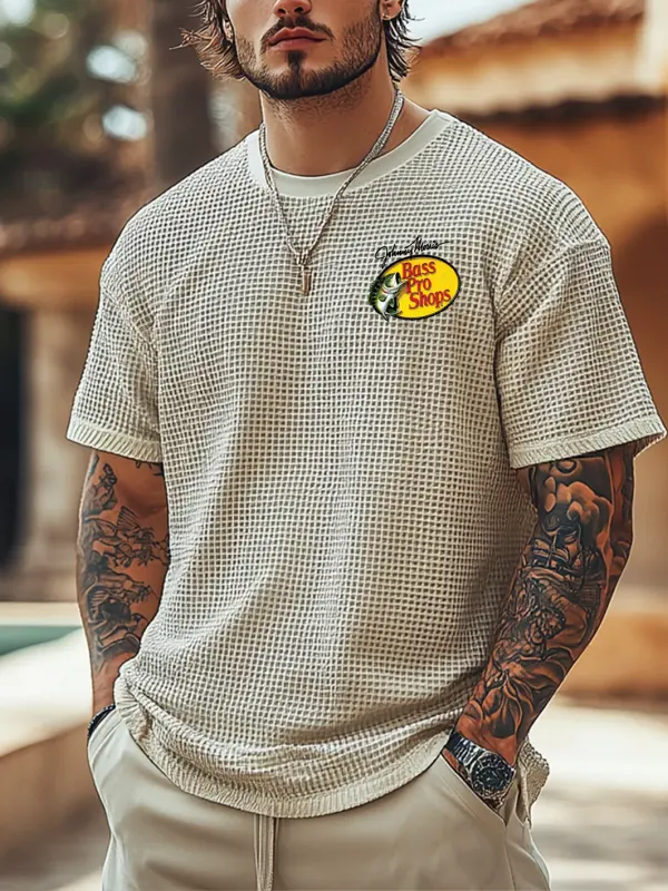 Men's Vintage Fish Print Waffle Fabric Knit Lightweight T-Shirt - Perfect For Summer Outdoors - Pragmaace.com 