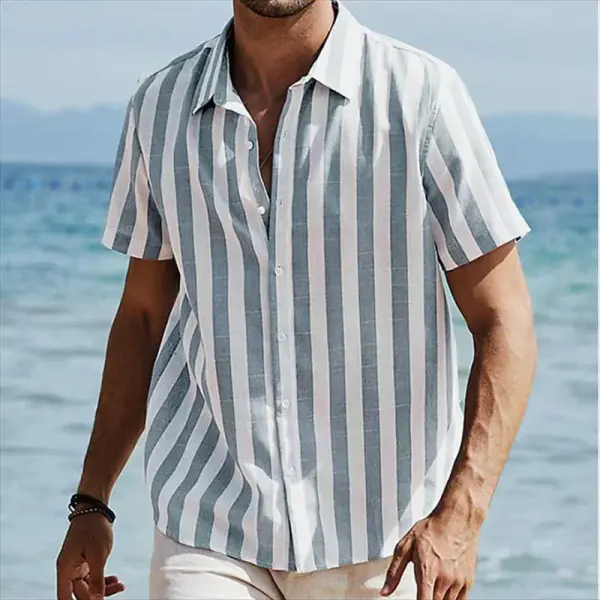 Men's Casual Short-sleeved Button-down Striped Linen Beach Shirt For Summer Beach Outings - Menzfolk.com 