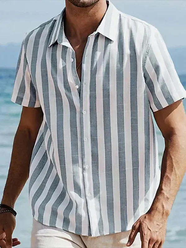 Men's Casual Short-sleeved Button-down Striped Linen Beach Shirt For Summer Beach Outings - Pragmaace.com 