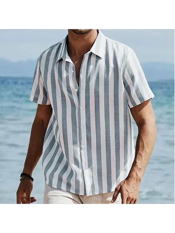 Men's Casual Short-sleeved Button-down Striped Linen Beach Shirt For Summer Beach Outings - Ootdmw.com 