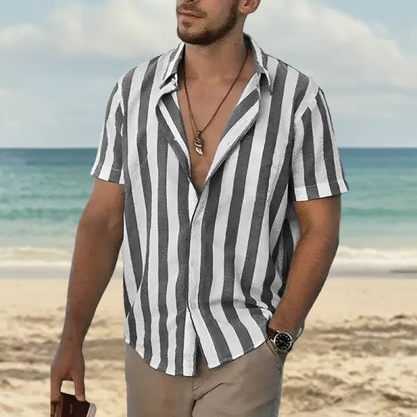 Men's Casual Short-sleeved Button-down Breton Striped Linen Beach Shirt - Menzfolk.com 