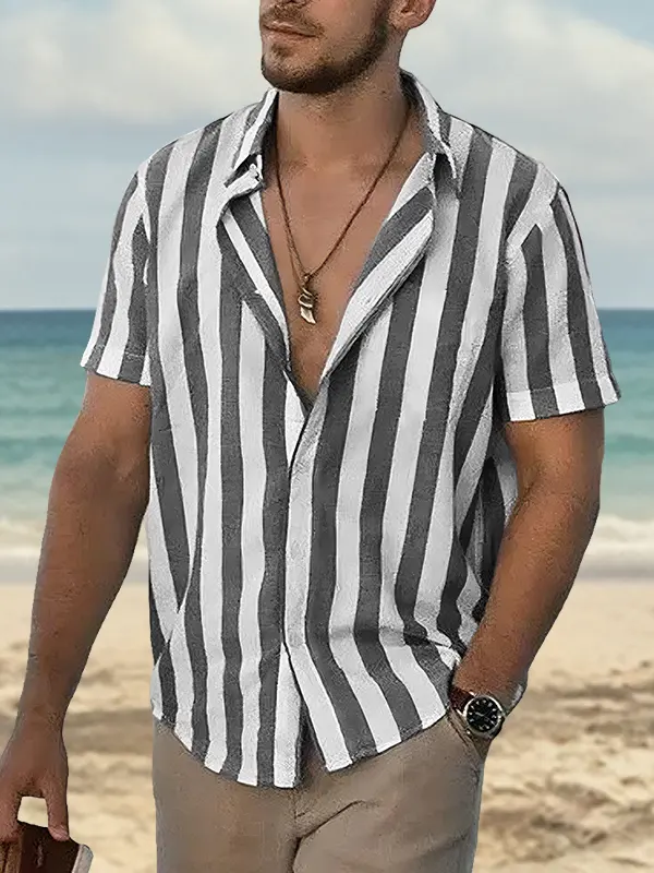 Men's Casual Short-sleeved Button-down Breton Striped Linen Beach Shirt - Menbarn.com 