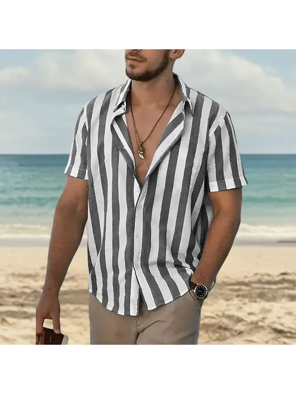 Men's Casual Short-sleeved Button-down Breton Striped Linen Beach Shirt - Ootdmw.com 