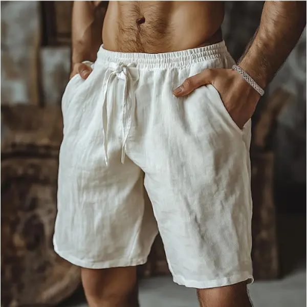 Men's Casual Drawstring Linen Shorts With Side Pockets - Ootdyouth.com 