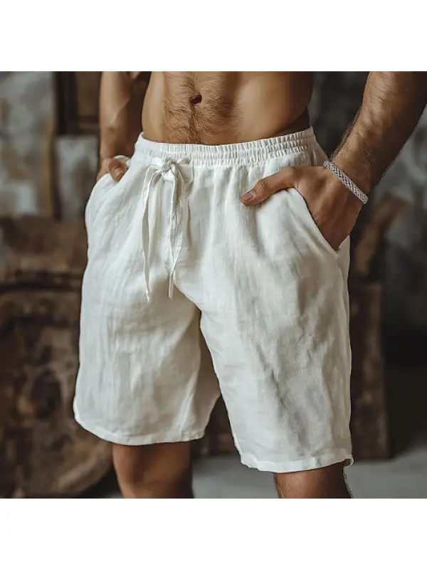 Men's Casual Drawstring Linen Shorts With Side Pockets - Ootdmw.com 