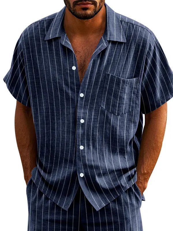 Men's Casual Striped Linen Short-Sleeve Shirt - Menbarn.com 