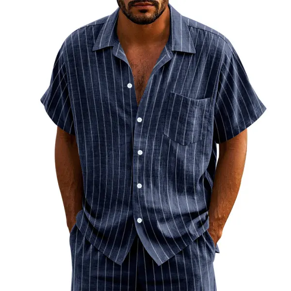Men's Casual Striped Linen Short-Sleeve Shirt - Ootdyouth.com 