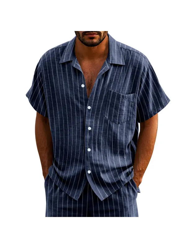 Men's Casual Striped Linen Short-Sleeve Shirt - Ootdmw.com 