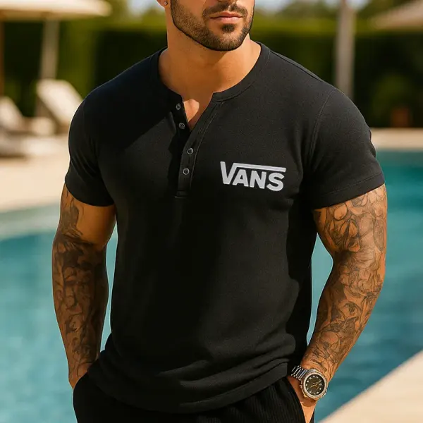 Men's Casual 3D Embossed Logo Print Henley T-Shirt - Ootdyouth.com 