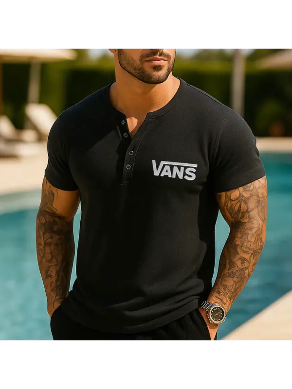 Men's Casual 3D Embossed Logo Print Henley T-Shirt - Ootdmw.com 