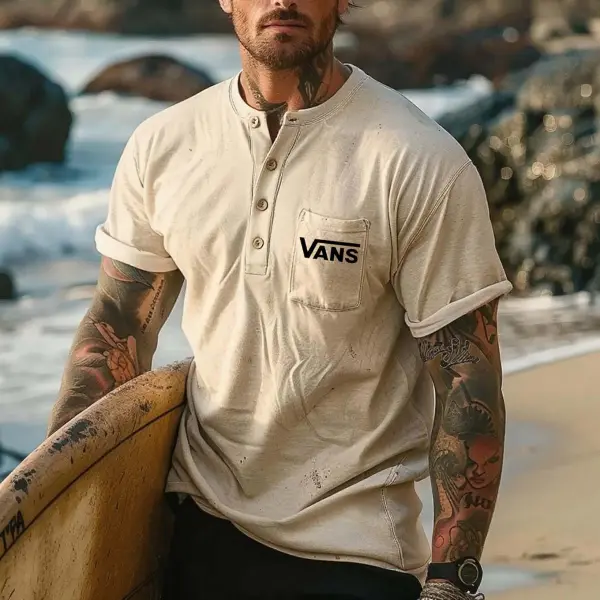 Men's Vintage Surfing Henley Chest Pocket Short Sleeve T-Shirt - Ootdyouth.com 