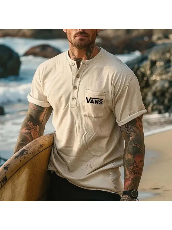 Men's Vintage Surfing Henley Chest Pocket Short Sleeve T-Shirt - Ootdmw.com 