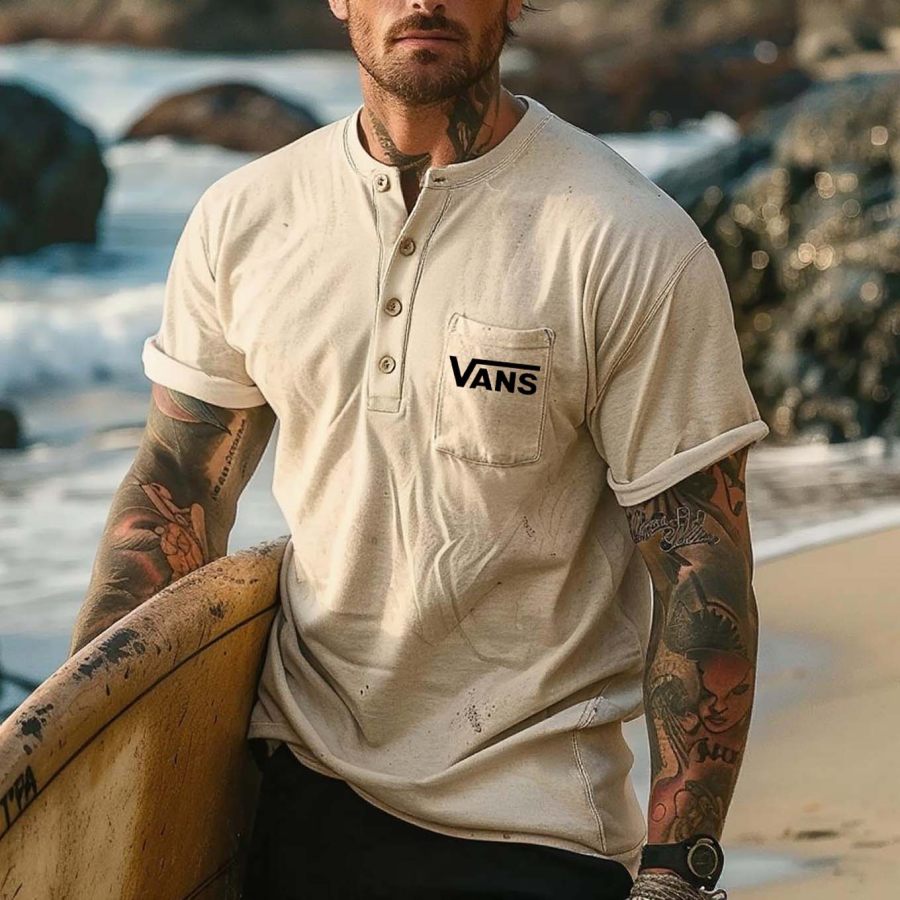 

Vans Men's Vintage Surfing Henley Chest Pocket Short Sleeve T-Shirt