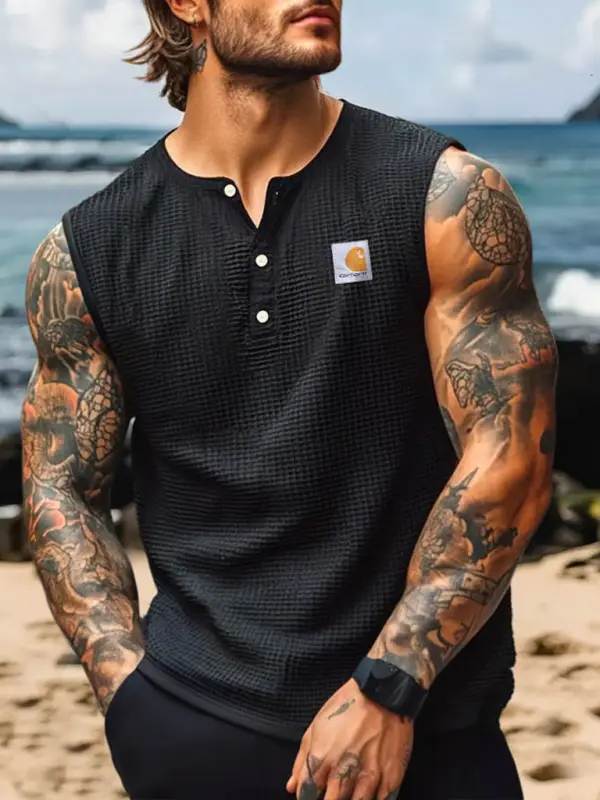 Men's Vintage Waffle Knit Surfing Summer Henley Sleeveless Tank Top - Pragmaace.com 