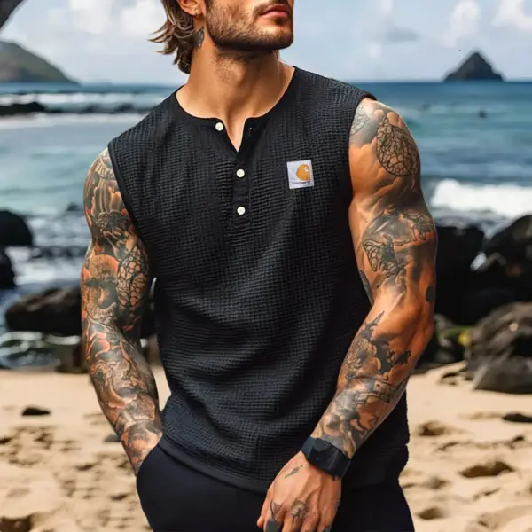Men's Vintage Waffle Knit Surfing Summer Henley Sleeveless Tank Top - Ootdyouth.com 