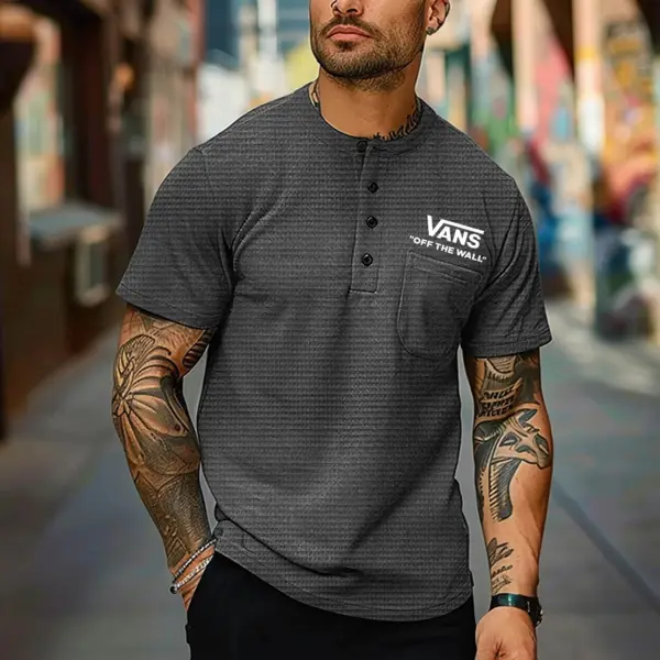 Men's Vintage Waffle Knit Surfing Chest Pocket Dark Gray Short Sleeve Henley T-Shirt - Spiretime.com 