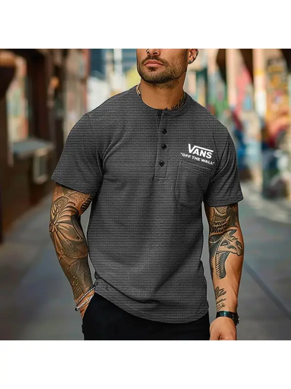 Men's Vintage Waffle Knit Surfing Chest Pocket Dark Gray Short Sleeve Henley T-Shirt - Frontiercool.com 