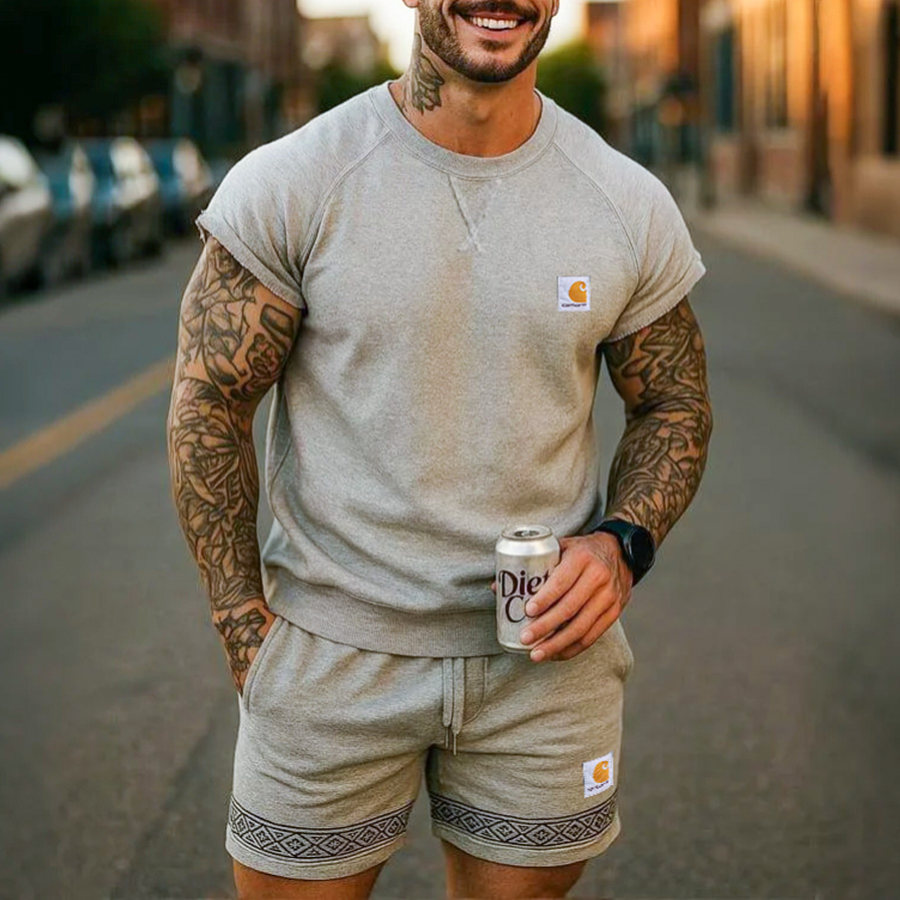 

Men's Vintage Surf Round Neck Gray Short Sleeve T-Shirt And Shorts Suit Set
