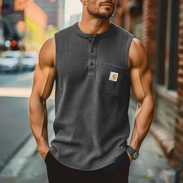 Men's Vintage Waffle Knit Surfing Chest Pocket Summer Henley Sleeveless Tank Top - Ootdyouth.com 
