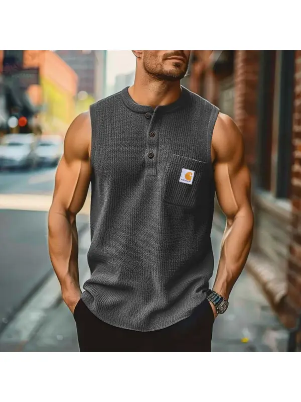 Men's Vintage Waffle Knit Surfing Chest Pocket Summer Henley Sleeveless Tank Top - Ootdmw.com 