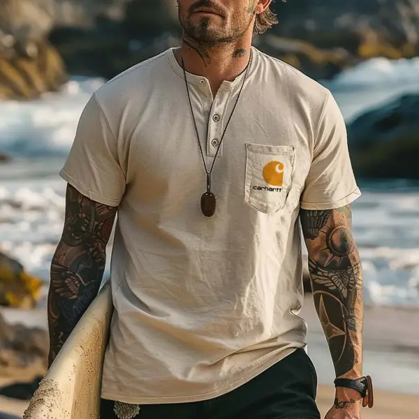 Men's Vintage Surfing Beach Henley Chest Pocket Beige Short Sleeve T-Shirt - Ootdyouth.com 