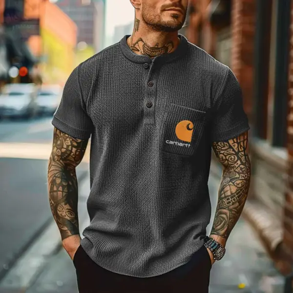 Men's Vintage Waffle Knit Surfing Embroidered Chest Pocket Dark Gray Short Sleeve Henley T-Shirt - Ootdyouth.com 