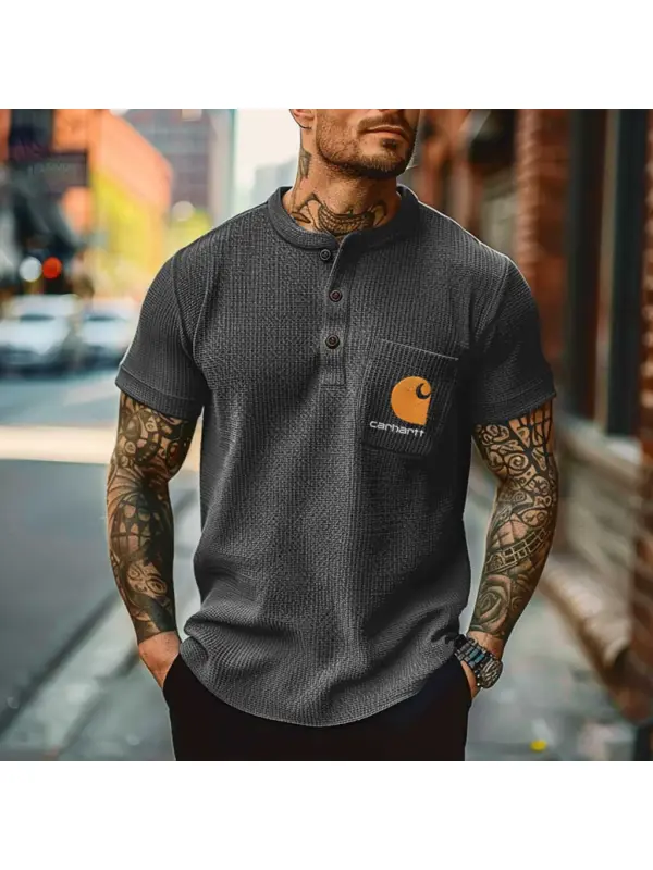 Men's Vintage Waffle Knit Surfing Embroidered Chest Pocket Dark Gray Short Sleeve Henley T-Shirt - Ootdmw.com 