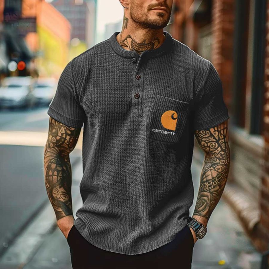 

Carhartt Men's Vintage Waffle Knit Surfing Embroidered Chest Pocket Dark Gray Short Sleeve Henley T-Shirt