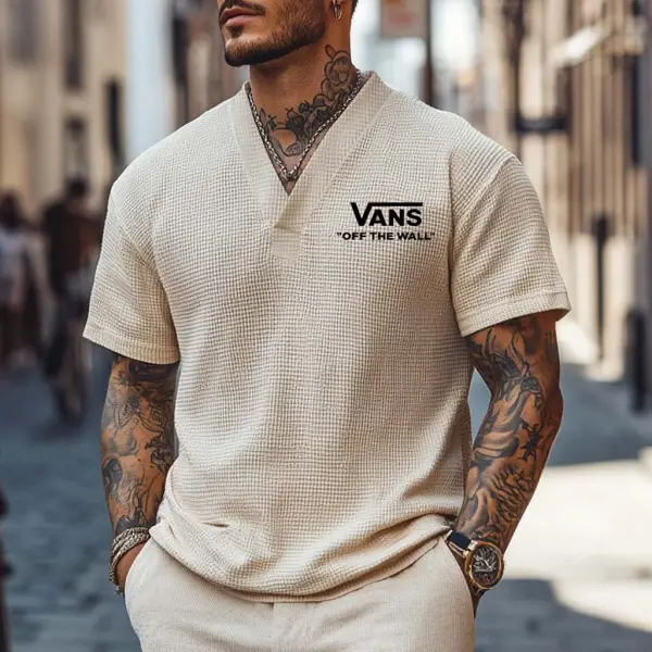 Men's Vintage Waffle Knit Off The Wall Surf Beige V-neck Short Sleeve T-Shirt - Ootdyouth.com 
