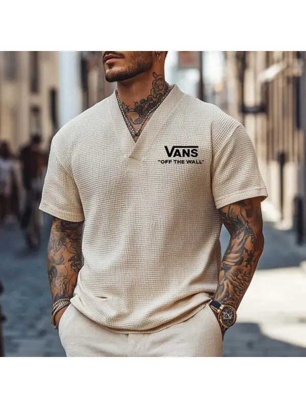 Men's Vintage Waffle Knit Off The Wall Surf Beige V-neck Short Sleeve T-Shirt - Ootdmw.com 