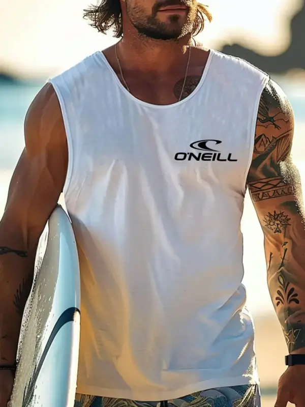 Men's Vintage Surfing Graphic Print Round Neck Sleeveless Tank Top - Menwyx.com 