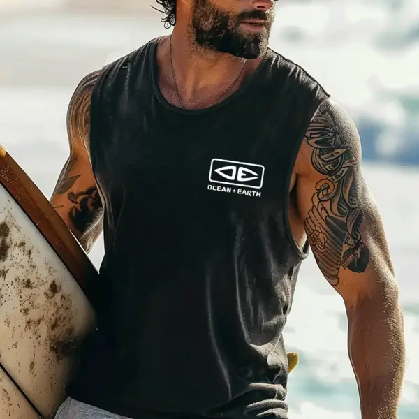 Men's Vintage Surfing Ocean Graphic Print Round Neck Sleeveless Tank Top - Manlyhost.com 