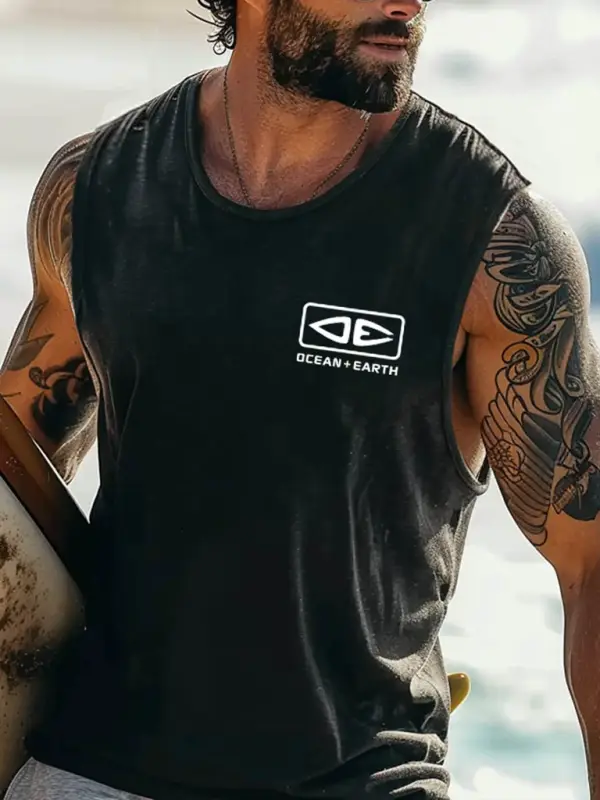 Men's Vintage Surfing Ocean Graphic Print Round Neck Sleeveless Tank Top - Menbarn.com 