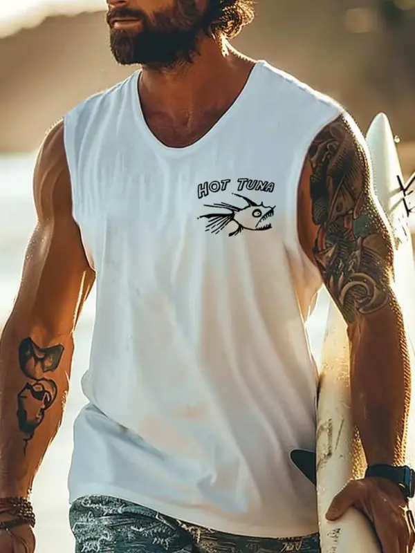 Men's Vintage Surfing Hot Fish Graphic Print Round Neck Sleeveless Tank Top - Menwyx.com 