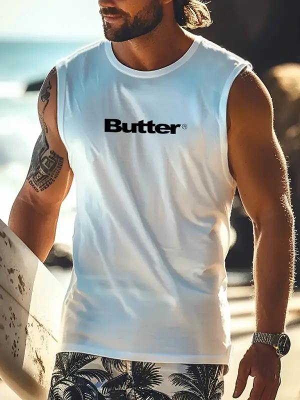 Men's Vintage Surfing Goods Graphic Print Round Neck Sleeveless Tank Top - Menwyx.com 