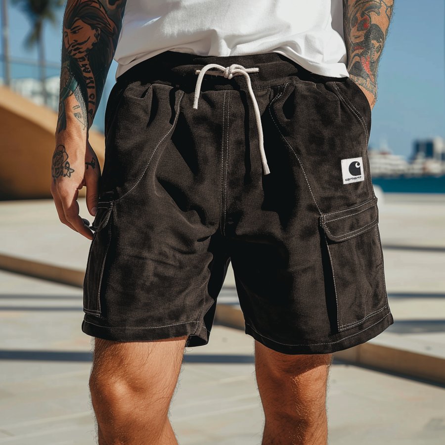 

Men's Vintage Black Suede Fabric Pockets Surf Elastic Drawstring Shorts