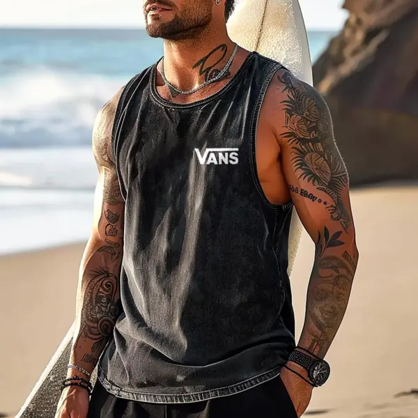 Men's Vintage Washed Distressed Surfing Print Crew Neck Sleeveless Tank Top - Wayrates.com 