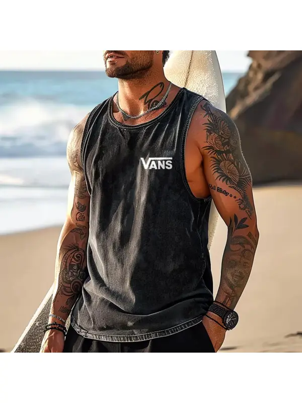 Men's Vintage Washed Distressed Surfing Print Crew Neck Sleeveless Tank Top - Aptkoi.com 