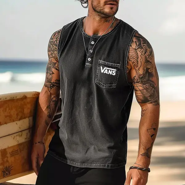 Men's Vintage Washed Distressed Surfing Print Chest Pocket Henley Sleeveless Tank Top - Wayrates.com 