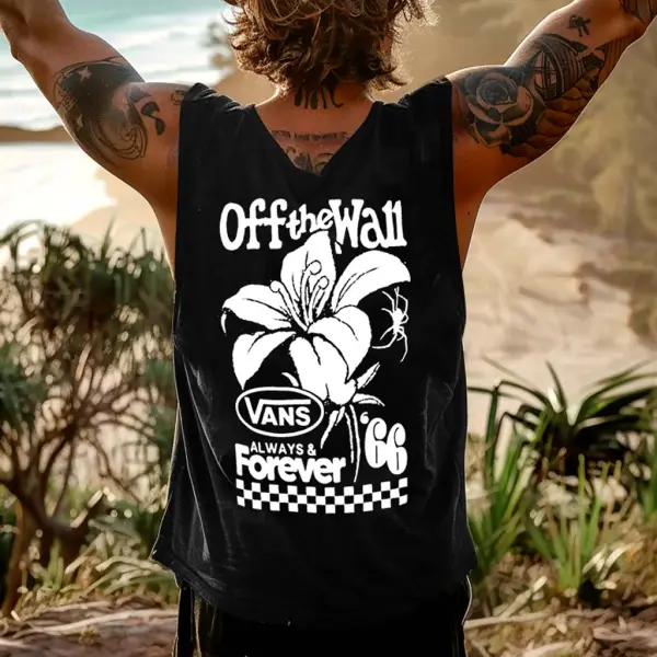 Men's Vintage Surfing Off The Wall Forever Floral Graphic Print Round Neck Sleeveless Tank Top - Ootdyouth.com 