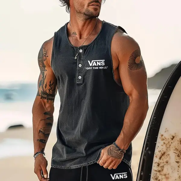 Men's Vintage Washed Distressed Surfing Print Henley Sleeveless Tank Top - Wayrates.com 