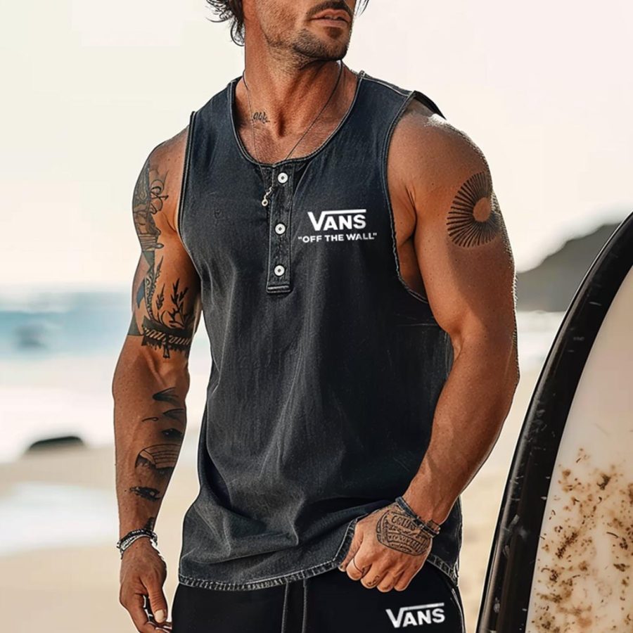 

Men's Vintage Washed Distressed Surfing Print Henley Sleeveless Tank Top