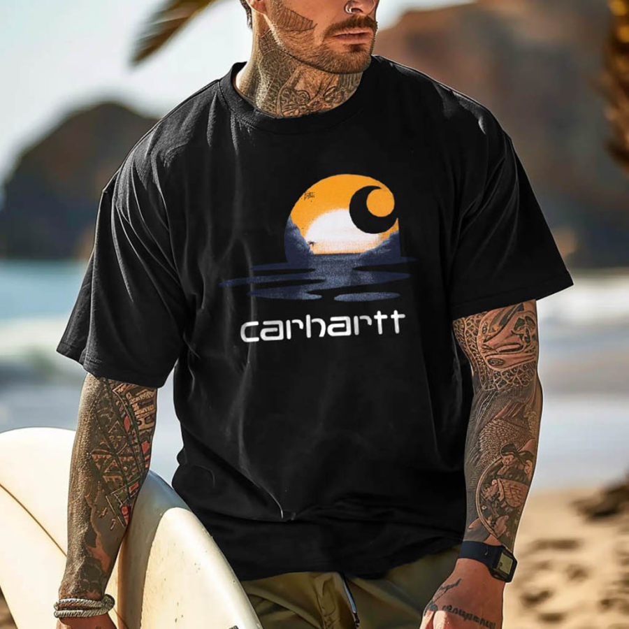 

Men's Vintage Surfing Lake Print Crew Neck Cotton Short Sleeve T-Shirt