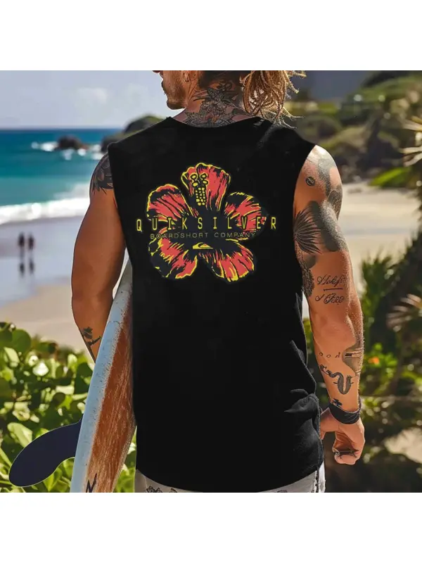 Men's Vintage Surfing Floral Graphic Print Round Neck Sleeveless Tank Top - Aptkoi.com 