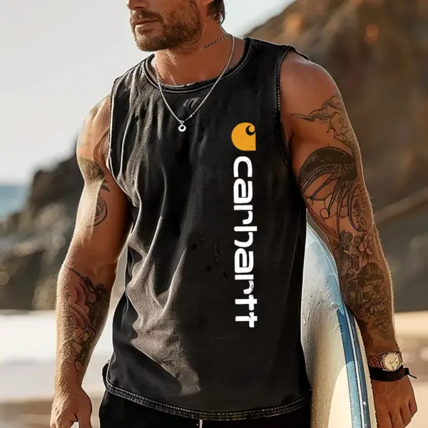 Men's Vintage Washed Distressed Surfing Graphic Print Beach Crew Neck Sleeveless Tank Top - Wayrates.com 