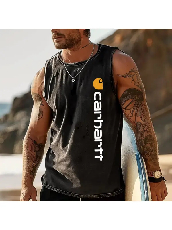 Men's Vintage Washed Distressed Surfing Graphic Print Beach Crew Neck Sleeveless Tank Top - Aptkoi.com 