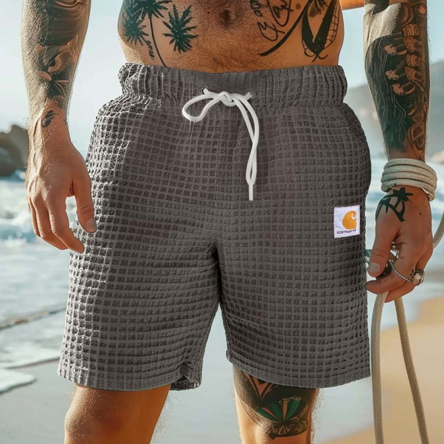 

Men's Vintage Surfing Waffle Knit Outdoor Elastic Workwear Drawstring Shorts Walkshorts Boardshorts