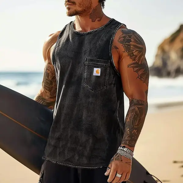 Men's Vintage Washed Distressed Surfing Print Chest Pocket Crew Neck Sleeveless Tank Top - Wayrates.com 
