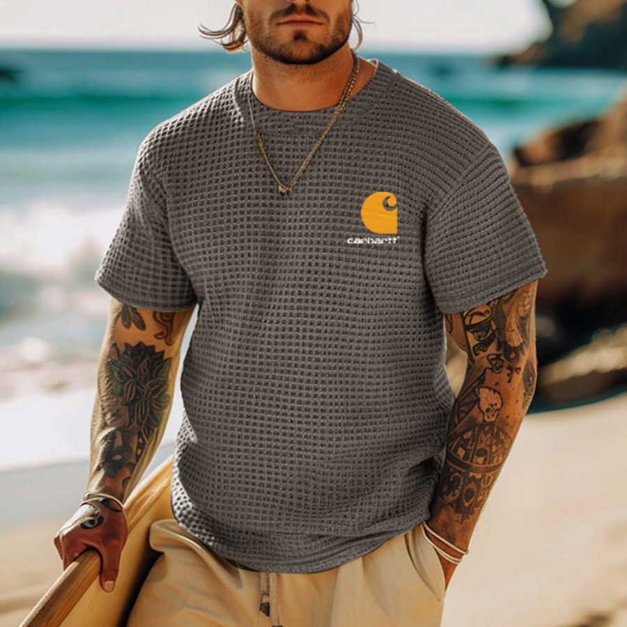 

Men's Vintage Waffle Knit Surfing Short Sleeve Crew Neck T-Shirt