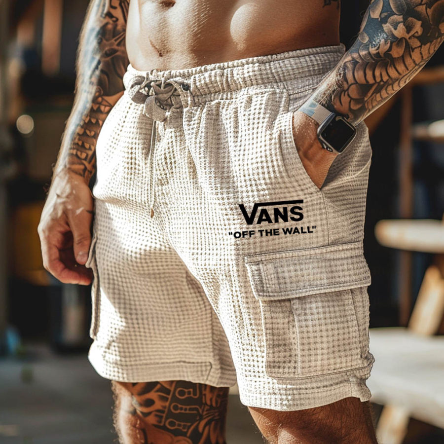 

Men's Vintage Surfing Waffle Knit Multi-Pocket Casual Walkshort Workwear Elastic Cargo Shorts